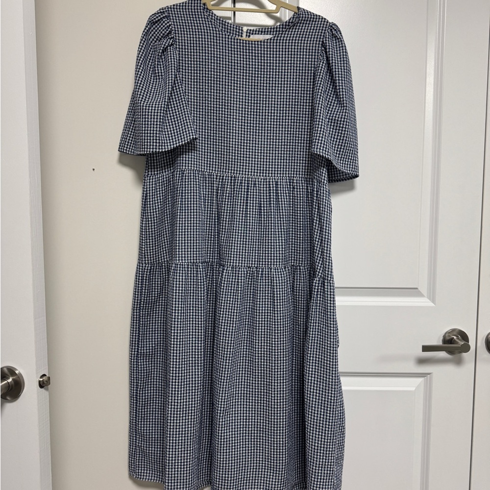 OAK + FORT Navy Checkered Dress